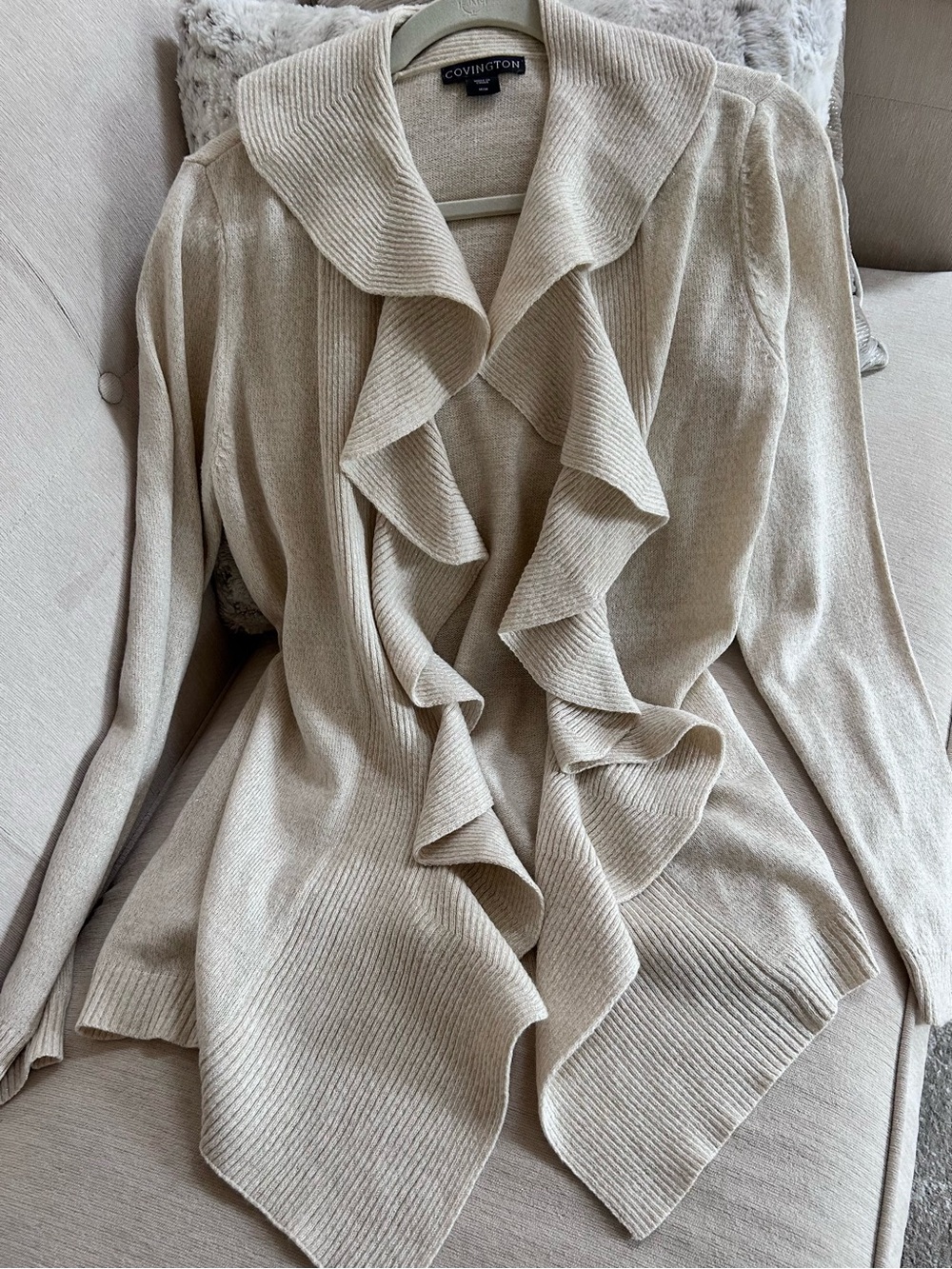 Covington Ruffle Front Cardigan in Cream with Gold Metallic Thread Size Medium
